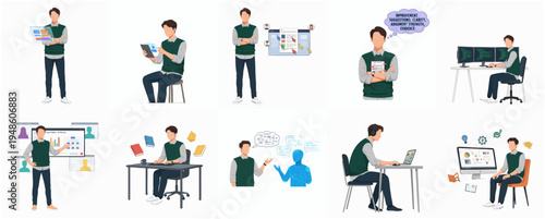 Diverse Character Set of Young Man in Various Work Activities Illustration