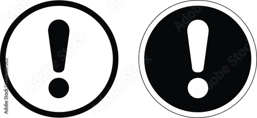 Expressive warning symbols in monochrome circular with inverted exclamation marks black white