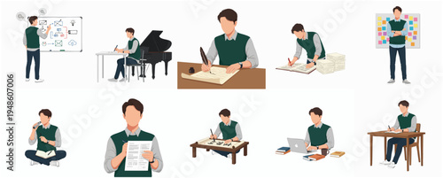 Flat Illustration Set of Man in Various Creative or Professional Activities