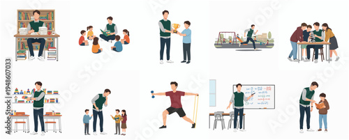 Diverse Line Art Teacher Characters in Different Activities Illustration Set