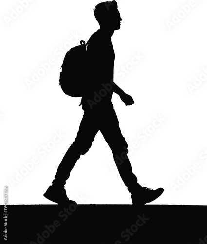 Side view silhouette of a young man walking with a backpack, male student or traveler commuting on white background, urban pedestrian lifestyle and movement icon. (25 words)