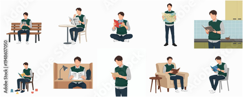 Flat Illustration of Man Reading in Various Poses and Environments Set