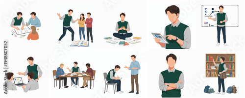 Flat Design Diverse Young People Student In Various Action Poses Illustration
