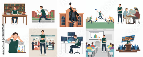 Diverse Cartoon Man Life Stage Activity Illustration Set Lifestyle Moments