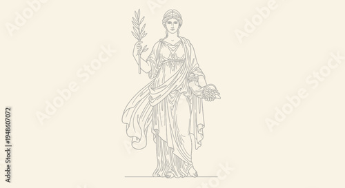 Elegant classical female figure with cornucopia and laurel branch, symbol of abundance, prosperity, and peace. Vintage line art illustration.