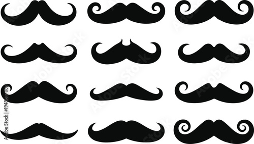 Set of vintage mustache silhouettes in various handlebar and curly styles, black facial hair icons for barber shops, Movember designs, and masculine grooming illustrations. (25 words)