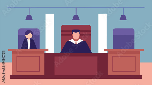 A courtroom illustration showing a judge and secretary sitting behind a wooden judicial bench under hanging lamps against a blue wall.