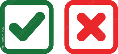 Symbolic approval and disapproval with green check and red cross marks checkmark