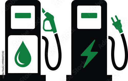 Symbolic comparison of traditional fuel pump and electric charging station green