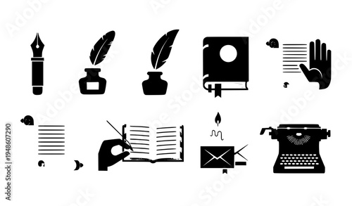 Poetry writing icons collection quill pen ink book literature vector set