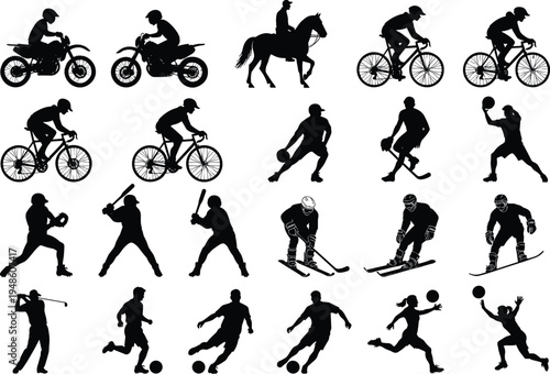 Sports Silhouettes Vector Set Featuring Athletes Playing Soccer Basketball Baseball Hockey Golf Skiing Snowboarding Motorcycling Cycling and Horseback Riding on a White Background