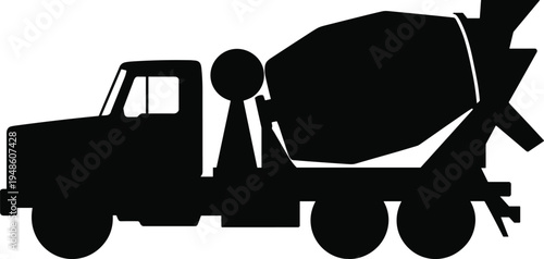 PrintCement mixer silhouette, construction vehicle, concrete truck, industrial equipment, building site, heavy machinery, black vector, infrastructure design, labor concept