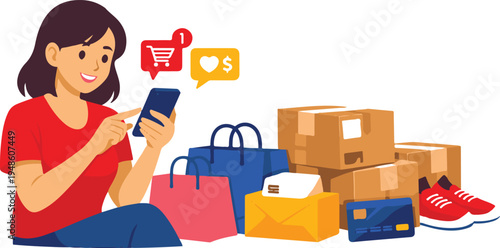 Concept of online shopping using a mobile phone with a digital storefront, people purchasing products, delivery truck, shopping bags, and social media icons. Flat vector illustration for retail.