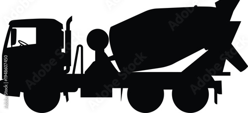 PrintCement mixer truck silhouette, construction vehicle illustration, concrete mixing machine, industrial transport design, building site equipment, heavy machinery icon, engineering