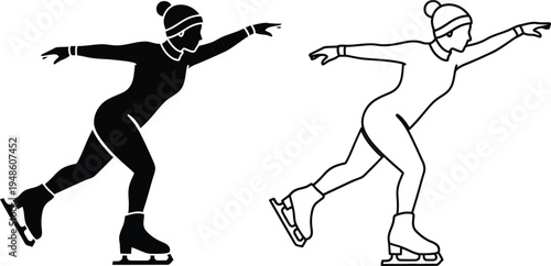 Ice Skater Silhouette and Outline Vector Icon Set Vector