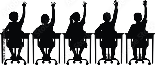 PrintClassroom silhouettes, student engagement, children raising hands, school desks, education concept, learning artwork, black vector, teaching design, academic illustration, classroom activity,