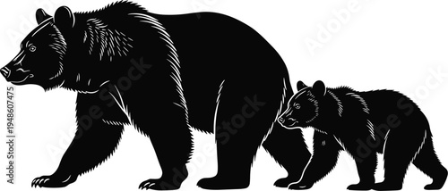Bear and cub wildlife silhouettes walking together, detailed wild animal illustration, forest nature mammal family black silhouette design
