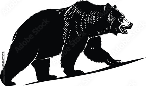 Black and white bear silhouette walking uphill, wildlife illustration, animal strength artwork, dynamic motion design, nature vector art drawing