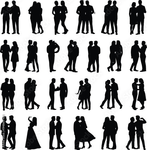 PrintCouple silhouettes, romantic poses, affectionate gestures, standing figures, holding hands, embracing artwork, love illustration, black vector, intimacy design, relationship concept,