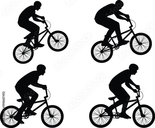 BMX cycling silhouettes, extreme sport figures, bike stunt illustration, dynamic motion art, black silhouettes design, energetic activity icons, vector bicycle tricks