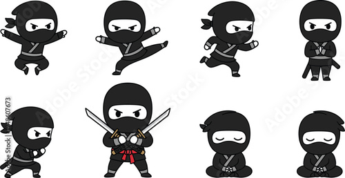 Cartoon ninja characters, martial arts poses, stealth warriors, black outfits, sword fighting, meditation stance, action jumps, combat ready, traditional costume, dynamic illustration
