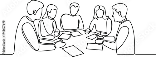Minimalist continuous line teamwork meeting flat vector abstract group discussion illustration