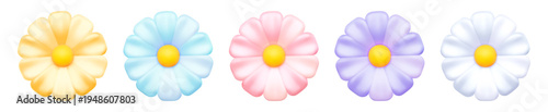 Colorful vector 3D flower collection with pink yellow blue daisy icons stylized floral design elements isolated for spring summer wedding greeting cards