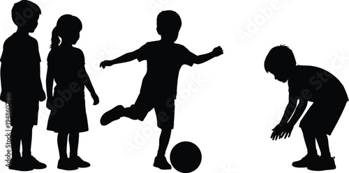 Children silhouettes playing, kids ball activity poses, joyful childhood figures, happy children illustration, black silhouettes art, lifestyle design, vector play icons