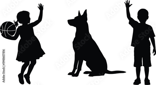 Children with dog silhouette illustration, playful friendship artwork, pet companionship vector design, family bond artwork, joyful childhood scene concept