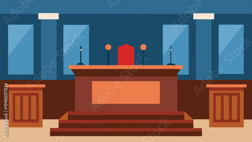 An empty courtroom featuring a central wooden judge's bench with microphones and a red chair flanked by two podiums against a blue wall.