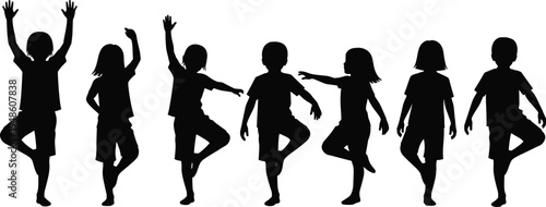 Children yoga tree pose silhouette illustration, balance exercise vector artwork, fitness activity, black design, lifestyle, health, coordination