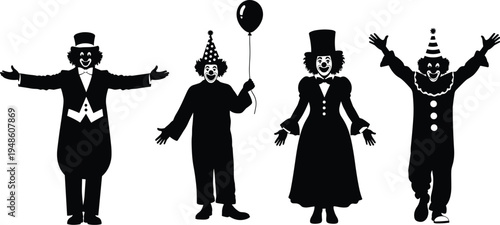 Clown silhouette set, circus performer characters, funny joker entertainers, carnival party clowns, balloon clown, vintage circus vector illustration