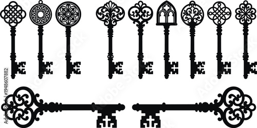 Collection of eleven ornate vintage skeleton keys silhouettes, antique decorative fantasy designs, mystery unlock symbols, steampunk gothic medieval illustration set