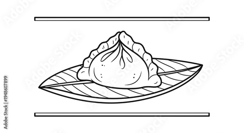 Hand-drawn illustration of a single dumpling on a banana leaf, presented on a plate, minimalist style.