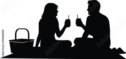 Couple picnic silhouette sitting on blanket drinking beverages, romantic outdoor date scene illustration, man and woman vector isolated background