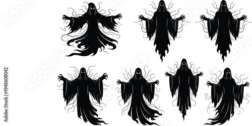 Creepy ghost silhouettes collection, hooded dark spirits set, Halloween horror phantom figures, spooky supernatural vector illustration