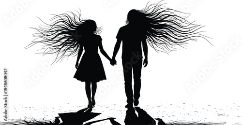 Couple silhouette walking, holding hands illustration, romantic connection artwork, flowing hair design, emotional bond symbol, love relationship icon, artistic reflection scene