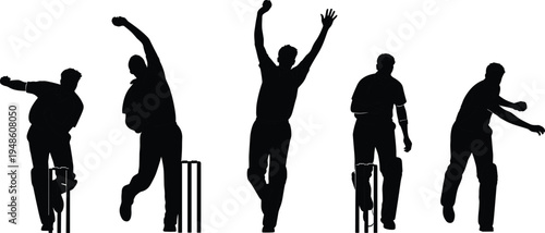 Cricket bowler action silhouettes set showing bowling motion sequence, professional cricket player sport movement, black silhouette athletic illustration