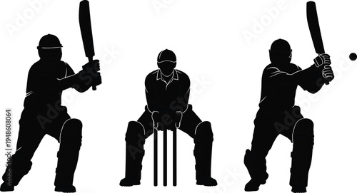 Cricket players silhouettes set, batsman batting and wicketkeeper behind stumps, sports action scene, cricket game illustration vector