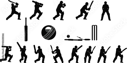 Cricket player silhouette illustration set, batting poses vector artwork, sport equipment icons, ball, bat, stumps, dynamic action design