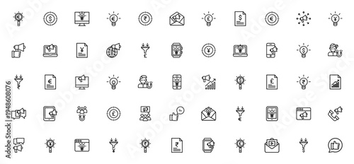 Marketing icon set. Vector symbols for Euro, Dollar, Yen, Rupee, Pound, Idea, Megaphone, Funnel, Target, Stats, and more. Editable thin line icons.