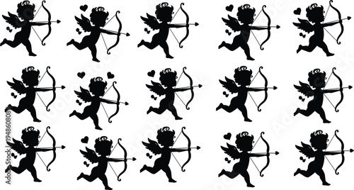 Cupid angel archer, love symbol, romantic Valentine pattern, cute cherub silhouette shooting arrow, seamless decorative icon set for cards design