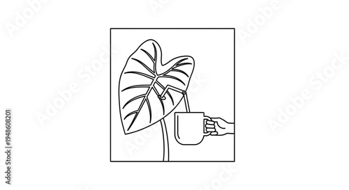 Hand watering a large leaf plant with a cup, line art illustration