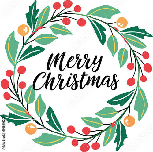 Cheerful Watercolor Christmas Wreath with Elegant Black Cursive Greeting.