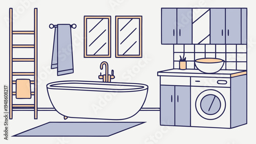 A modern bathroom with a washing machine and a freestanding bathtub