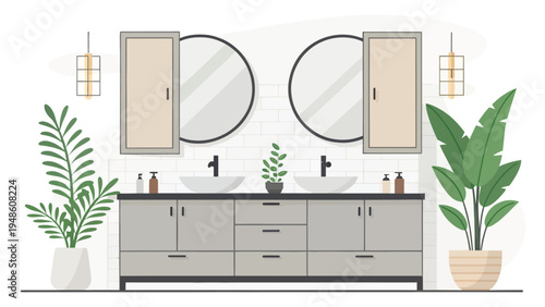 A modern bathroom with a double vanity and two sinks surrounded by plants and mirrors