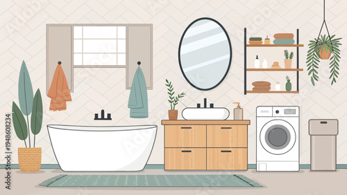 A modern bathroom with a freestanding tub, wooden vanity, and washing machine in a clean and minimalist space