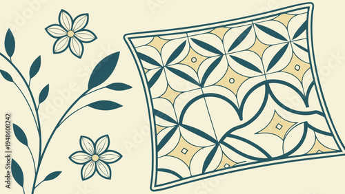 A stylized illustration of a floral pattern and a decorative pillow with a beautiful design