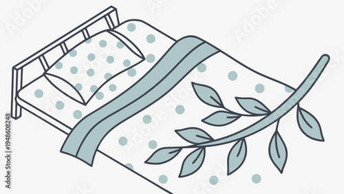 A simple line drawing of a bed with a white and blue polka dot comforter and pillow