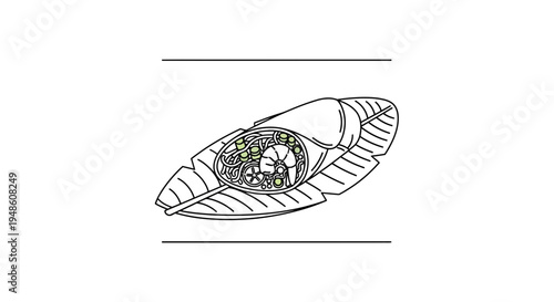 Hand-drawn illustration of a delicious seafood dish served on a banana leaf